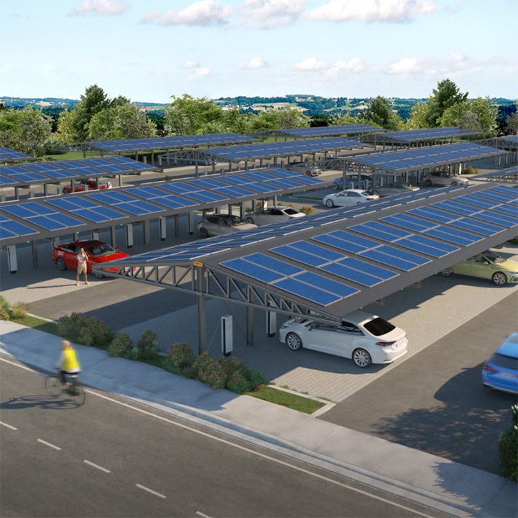 En illustrerad bild över en parkering. Parkeringen har tak ovanför bilarna och på taken finns solceller som genererar el till laddstolparna.
